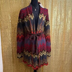 Natural Reflections Multicolor Chevron Belted Cardigan, 80% Lambswool